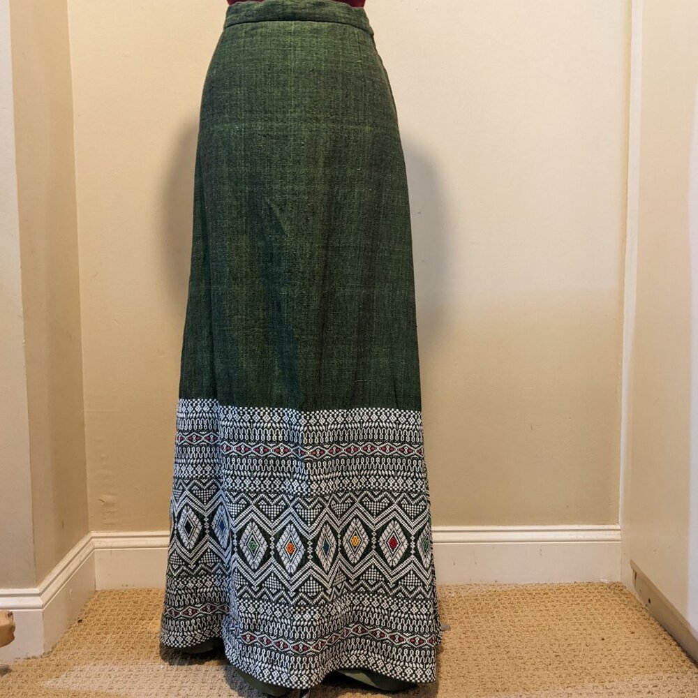 Vintage Boho Ethnic Woven Design Olive Green Maxi Skirt XS/S